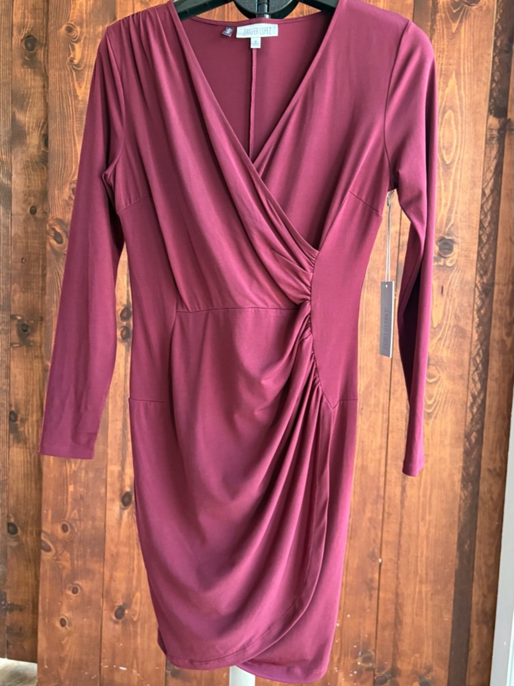 Jennifer Lopez Long-Sleeve Ruched Wrap Dress in Wine